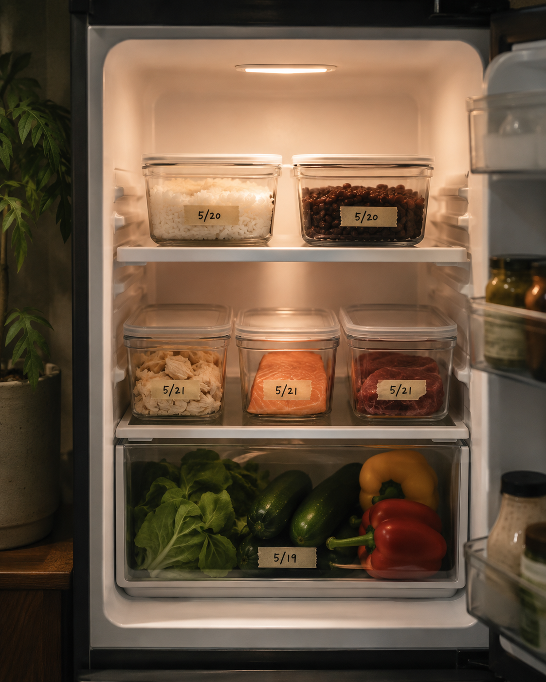 Front view of the same small apartment refrigerator, now neatly organized. Simple glass containers with lids on each shelf, each with a small masking tape label with handwritten date. Vegetables in the bottom drawer, proteins on the middle shelf, rice and beans containers on top. Nothing fancy — basic containers, small fridge, but organized. Warm lighting, deep greens and cream tones. Editorial photography.