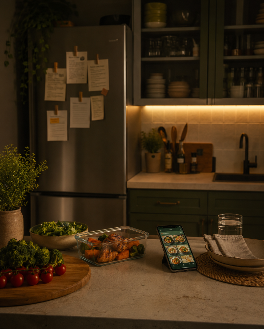 Fotografia noturna de cozinha pequena e organizada com luz quente sobre a bancada. Um celular apoiado no balcão mostrando tela de app de planejamento de refeições. Ao fundo, geladeira fechada com bilh